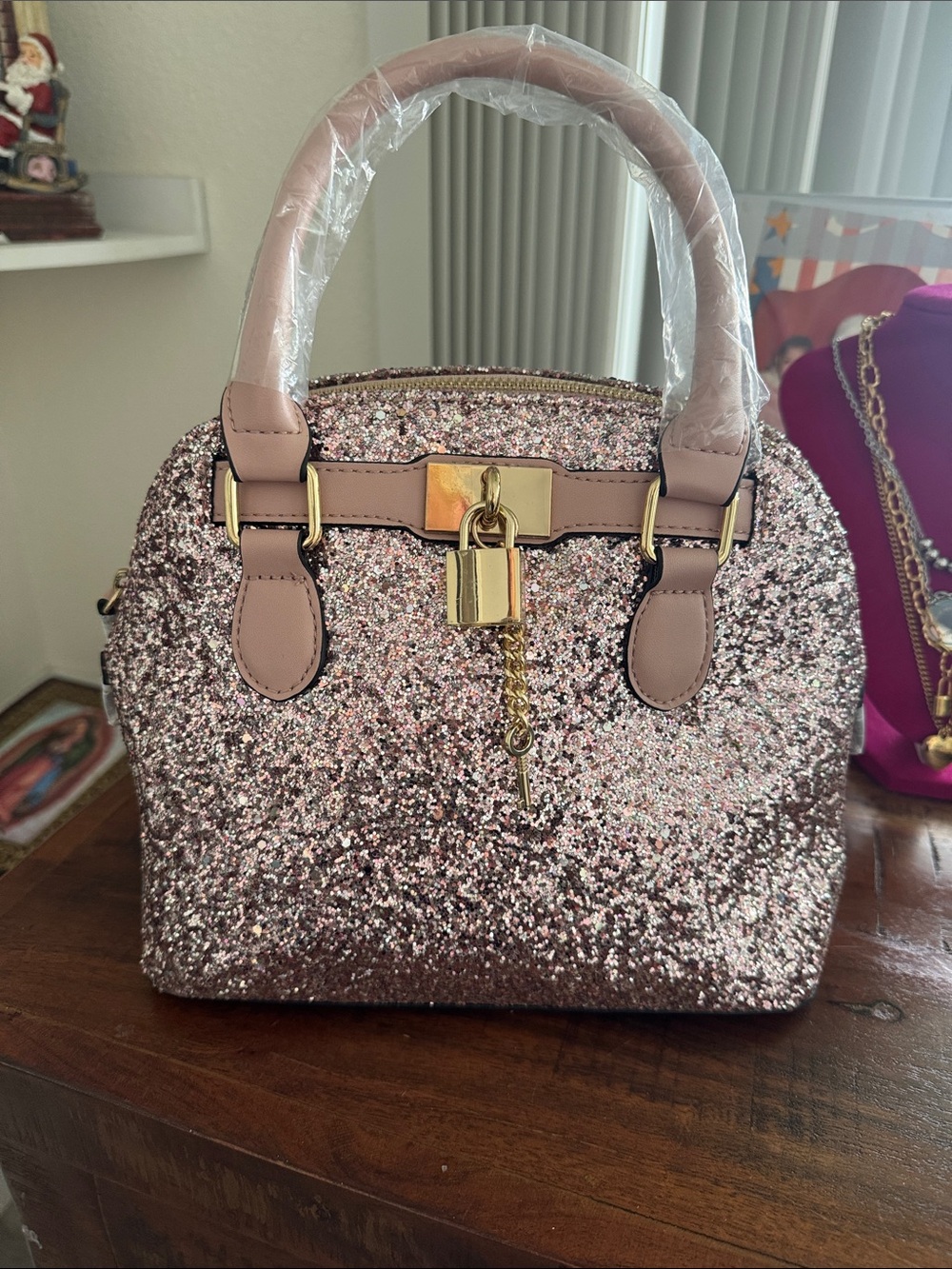 Sparkling Pink Glitter Satchel Handbag with Gold Lock
